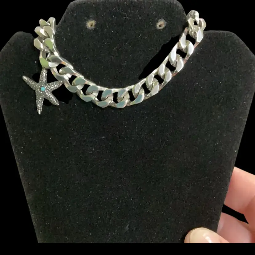 Vintage Silvertone Crown Trifari Chain Bracelet With A Starfish Dangle Charm.
