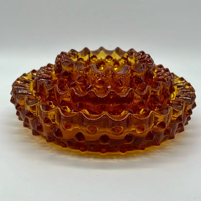 Fenton Art Glass Amber Hobnail Nesting Set Of 3 Ashtrays Vintage MCM | 6.25” *read