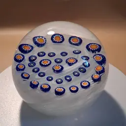Vintage Gentile Glass 3.5" Size Blue/White Version Millefiori Heart Paperweight