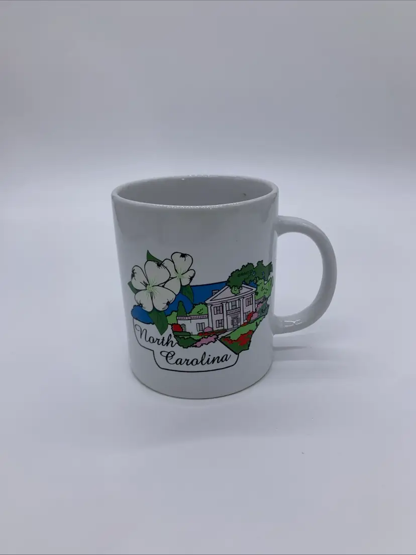 Vtg. Raleigh NC. 12 Oz Ceramic Souvenir Mug Representing State Dogwood & Capital