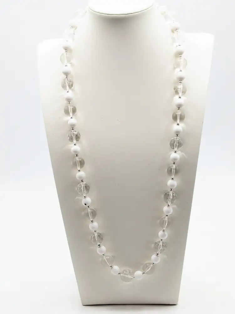 Vintage Silver Tone White and Clear Acrylic Bead Necklace