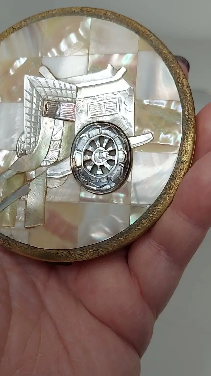 Vintage Asian Art Mother Of Pearl Metal Compact Powder And Mirror Rare Piece