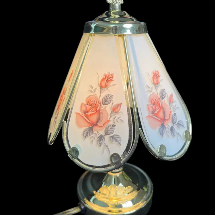 Brass w/ 6 Frosted Glass Panels Featuring Peachy Pink Roses-3-Way Touch Lamp