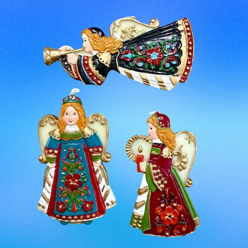 Vintage Wax Ornament TRIO Cast From Antique German Mold | Folk Angel Trio c 1825