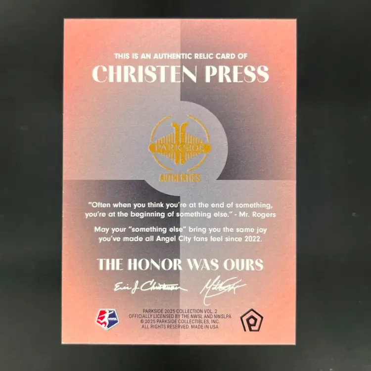 Christen Press 2025 Parkside NWSL Vol 2 Last Homegame Ball Relic Angel City Soccer Card