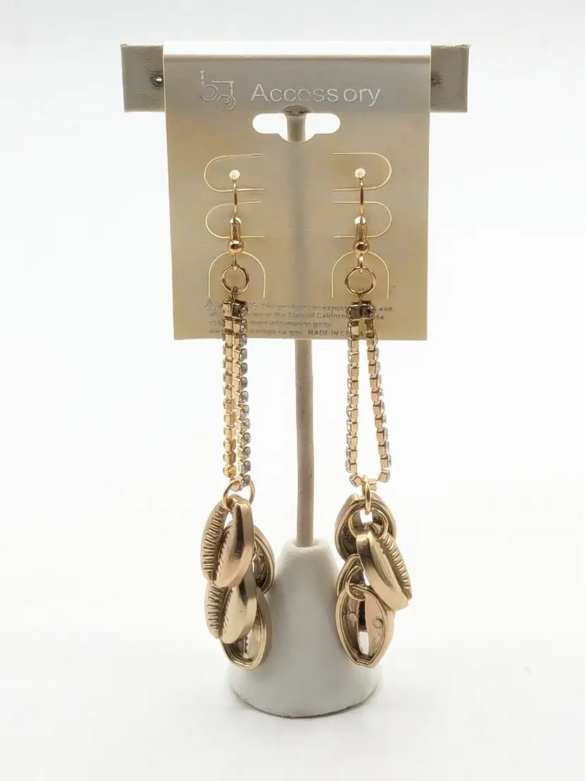 Gold Tone Acrylic Cowrie Shell Rhinestone Dangle Earrings NOS