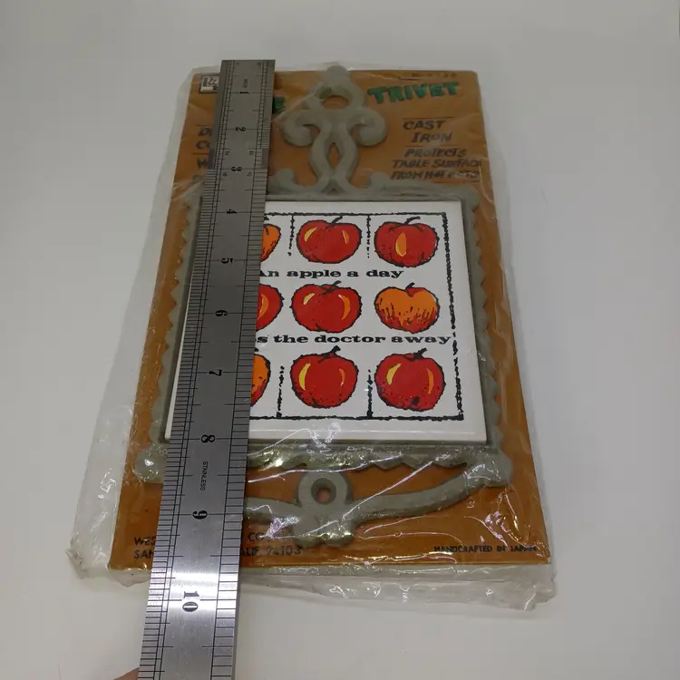 Cast Steel and Ceramic Tile Trivet "An Apple a Day Keeps the Doctor Away" / Rustic Retro Kitchen Tray / 70s Fruit Theme Decor
