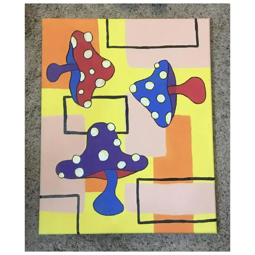 Pop art, colorful mushrooms on canvas, stretched, 16" x 20"