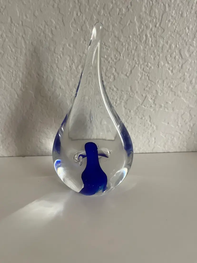 Adam Jablonski Teardrop Paperweight Signed A.J. Cobalt Blue w/ Bubble Ring
