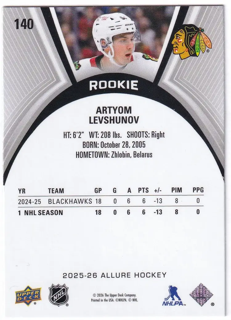 2025-26 Upper Deck Allure #140 Artyom Levshunov RC Chicago Blackhawks Hockey Card
