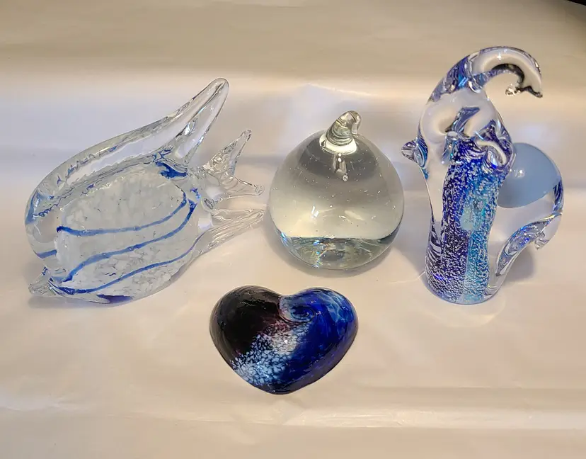 Lot of 4 Blown Art Glass Paperweights - Elephant, Angel Fish, Teardrop and Heart