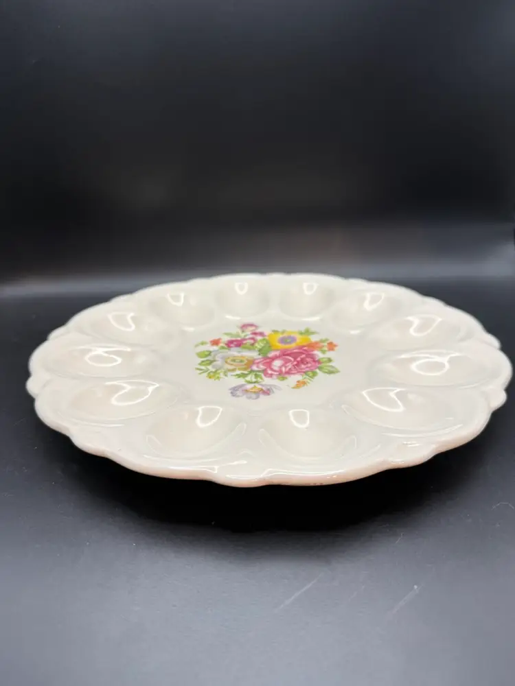 E & R American Artware White Ceramic Deviled Egg Plate With Floral Transferware