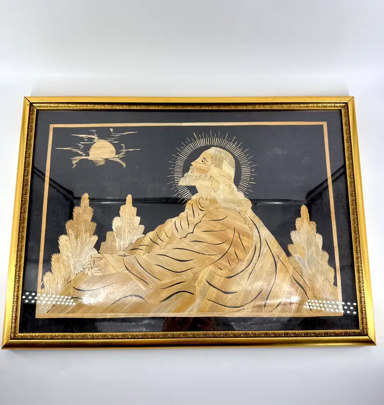 Straw Marquetry Inlay 20"x14.5" "Jesus Praying" Wall Art Framed Handcrafted