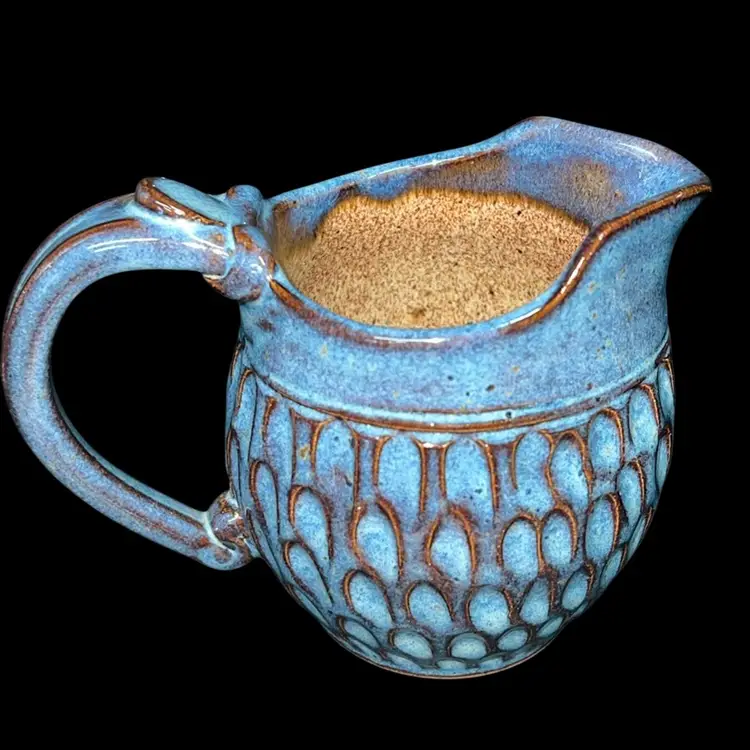 Handmade Art Pottery Pitcher , Blue Glaze, 4” No Condition Issues, Artist Signed