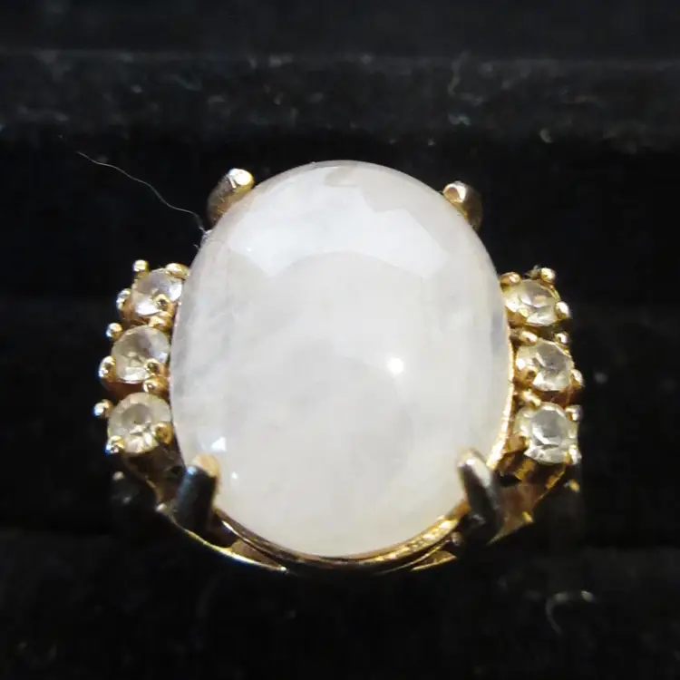 Vintage Gold Tone Metal with White/Pink Smoky Glass Cabochon and Rhinestone Ring - Size 8