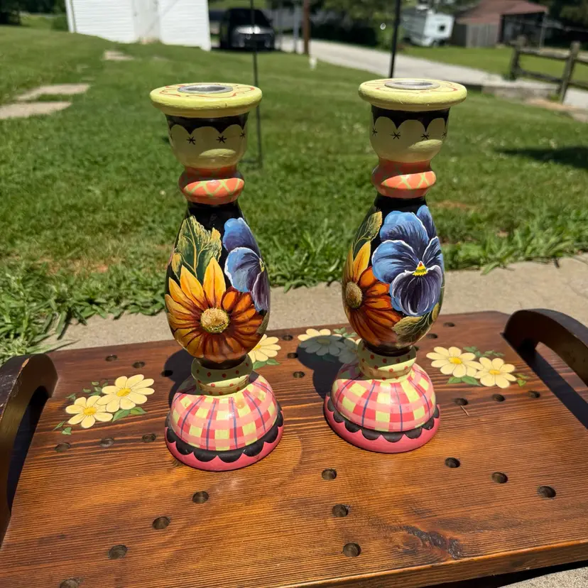 Vintage Stonehouse Farm Tracy Porter Hand Painted Tall Candlestick Holders 10”