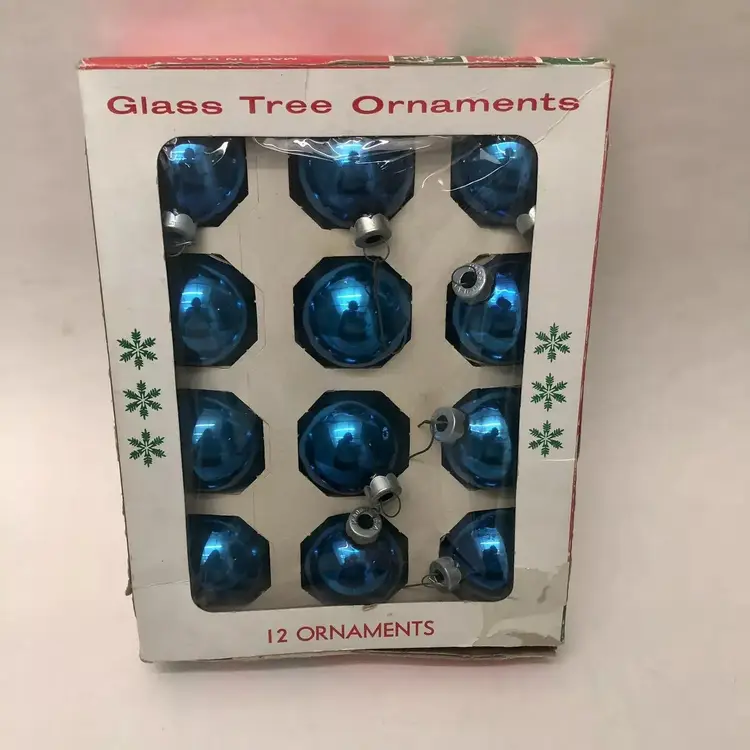 VTG 12 Dark Blue USA Marathon Franke Round Glass Christmas Ornaments With Box (Please read description)
(location: Box A10)