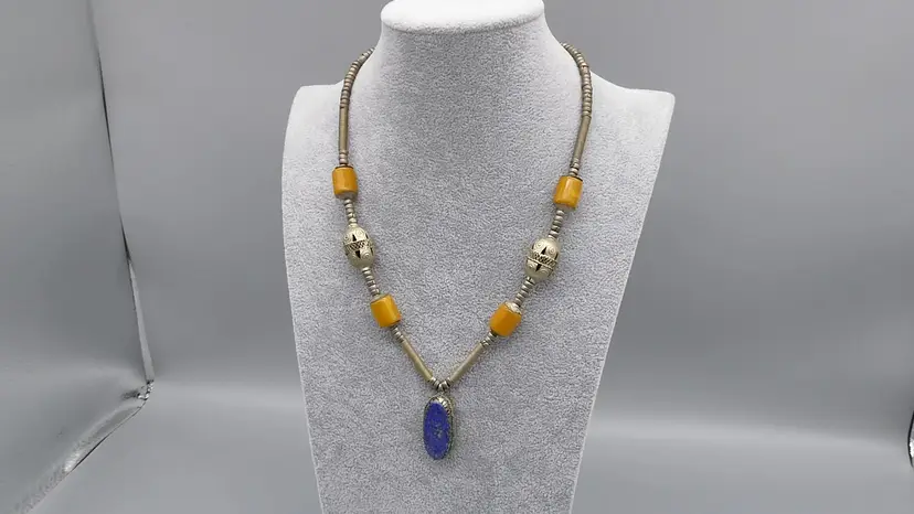 Vintage 70's Ethnic Tribal Lapis Lazuli Pendant Necklace Silver Tone Butterscotch Beads Hand Formed Metal 20"