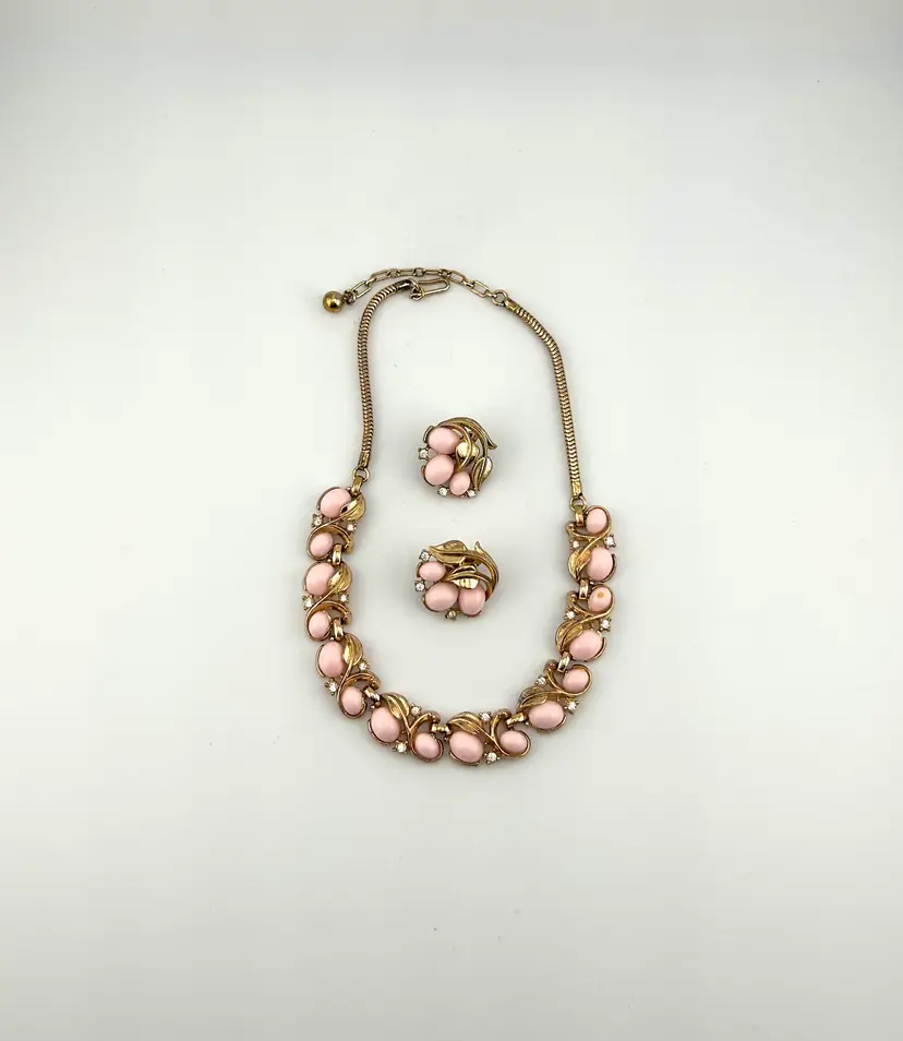Vintage Crown Trifari Pink Thermoset and Rhinestone Necklace and Clip On Earring Set
