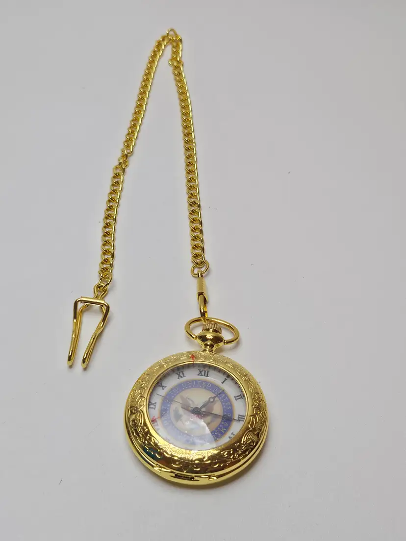 President Of The United States Seal Eagle Clear Case Gold Tone Pocket Watch