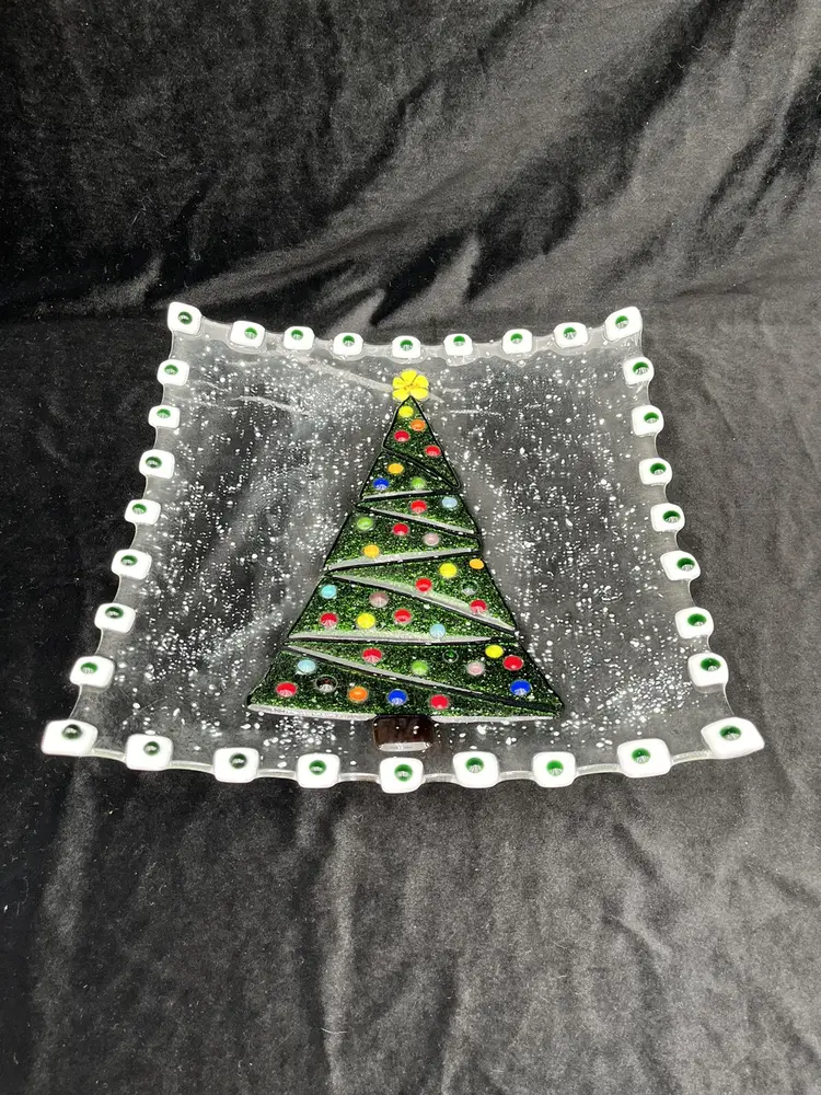 Colorful Fused Art Glass Winter Snow Christmas Tree Serving Holiday Platter