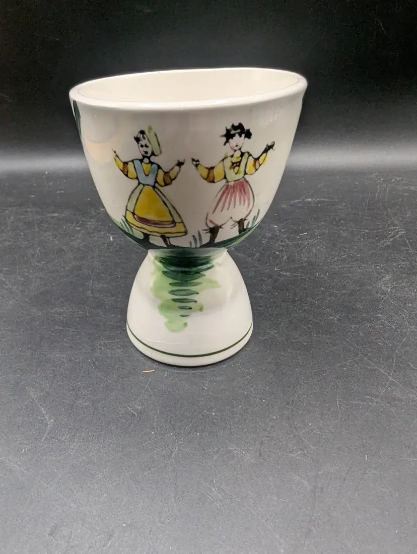Vintage Porcelain EGG CUP Dancing Folk Art Design Made In Japan 3 1/2".