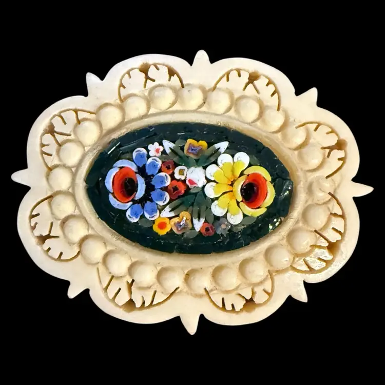 Micro Mosaic and Carved Bone Brooch 2”