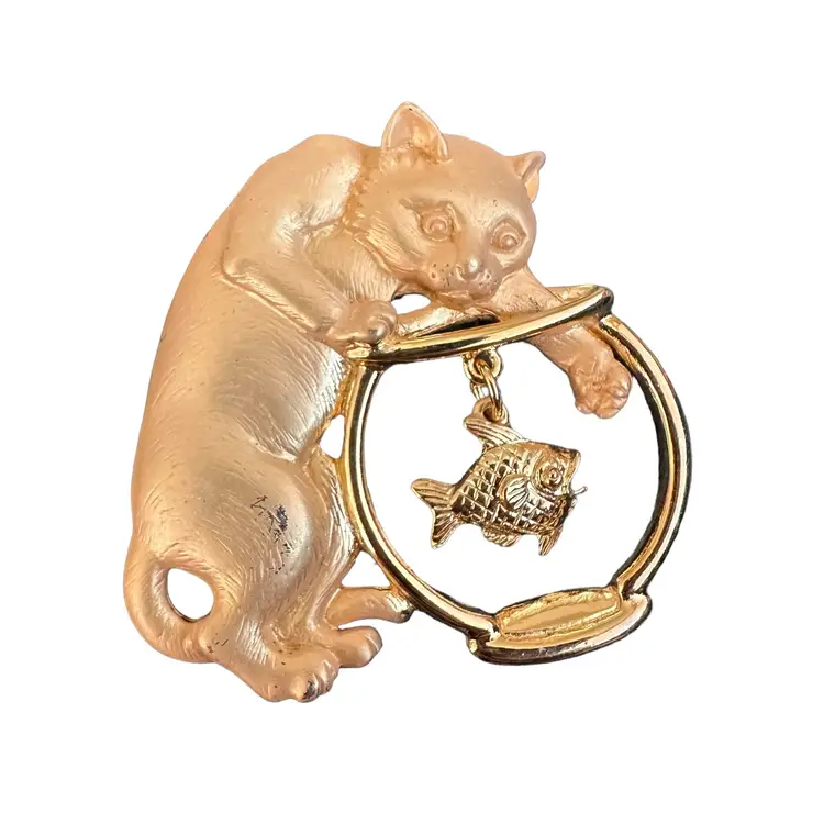 Vintage JJ Brooch/Pin Cat In Fish Tank