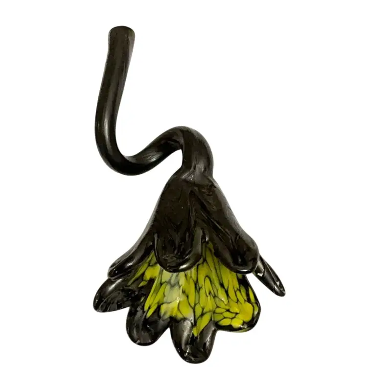 Vintage Hand Blown Black/purple And Yellow Splatter Stemmed Art Glass Flower Bloom 9” X 4 1/2”