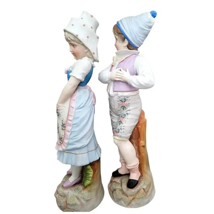 2 Antique German Muller Porcelain Figurines Couple 18 " Large Boy and Girl