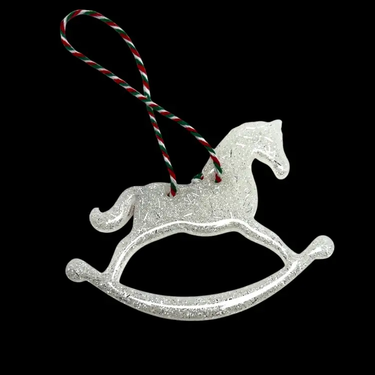White and Silver Glitter Rocking Horse Winter Christmas 3-1/2” Ornament. Handmade by me 🫶
