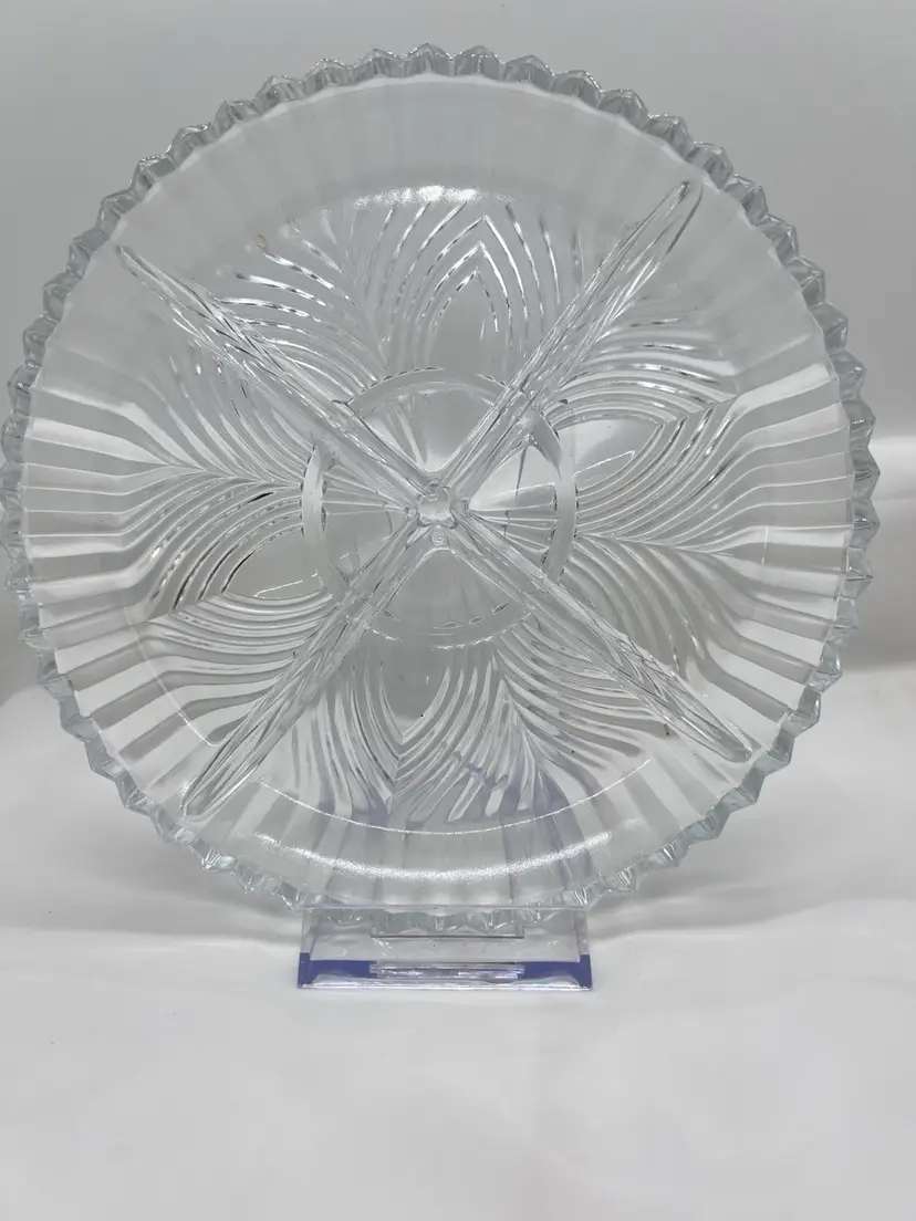 #2087B Vintage 7" Round Clear Glass Four Section Divided Serving/Relish/Condiment Dish with Sawtooth Edge and Cut Design on Bottom