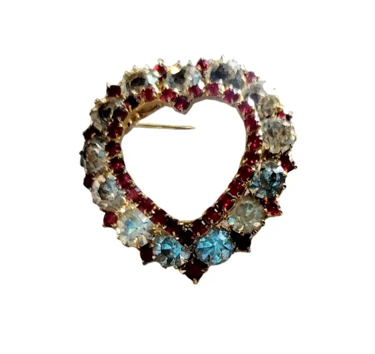 Vintage Heart Brooch White & Red Rhinestones Collectible Gold-Tone Pin 1.5"