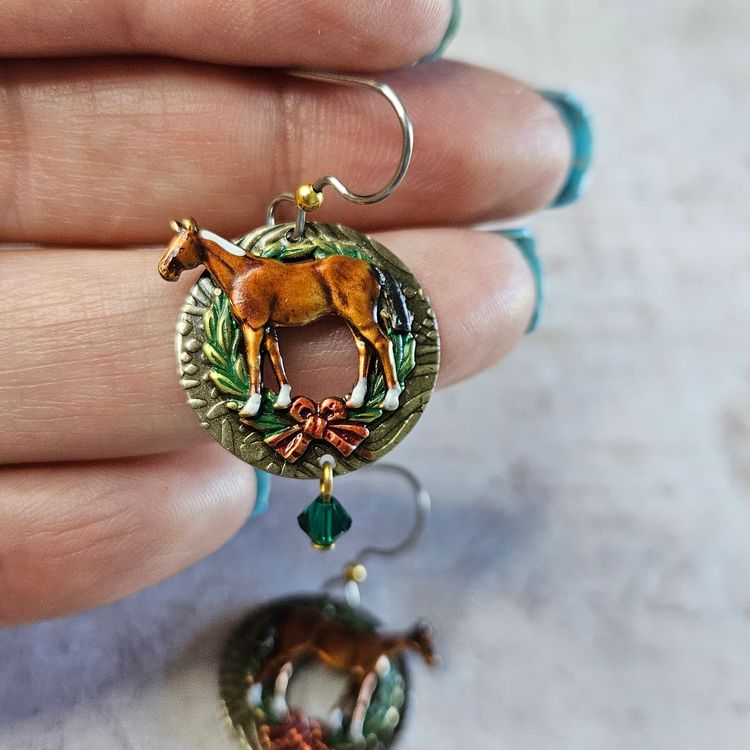 Silver Forest Running Horse Drop Earrings Wreath Christmas