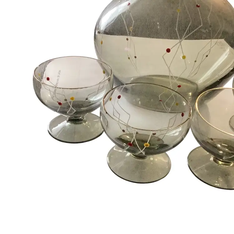 Vintage MCM Smoky Decanter Set With 4 Glasses With Geometric Lines And Dots