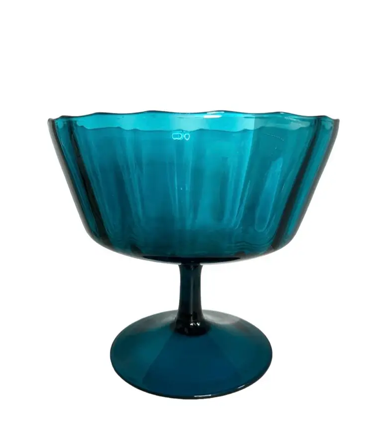 Empoli optic rib turquoise aqua pedestal bowl/large compote bowl/ Handblown glass bowl/made in Italy/mcm glass