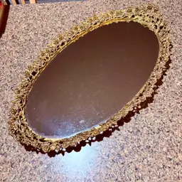 Vintage Gold Plated Ornate Rose Motif Frame w Black Velvet Backing MCM Oval Vanity Mirror Tray