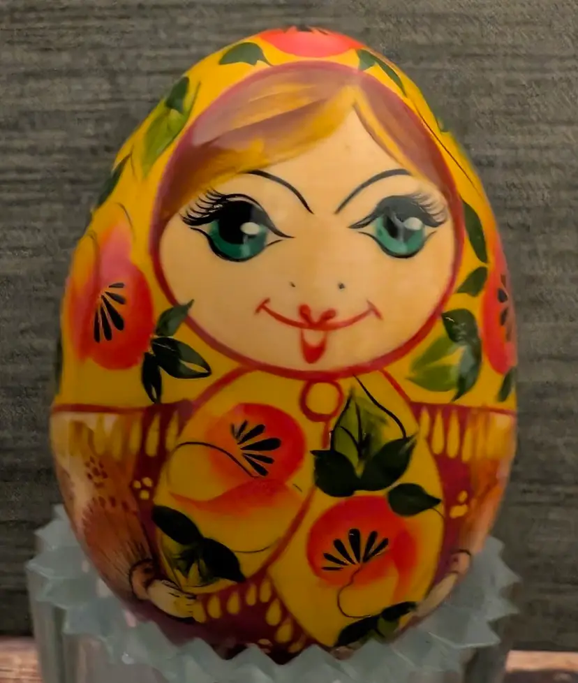 Vintage Russian Hand Carved And Hand Painted Wooden Egg