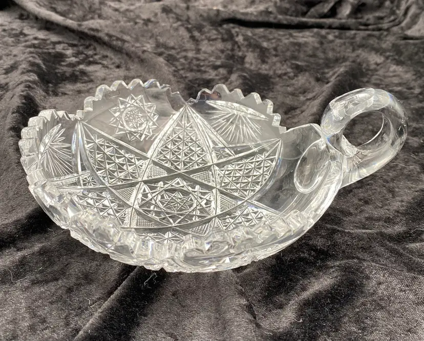 Antique American Brilliant Period Cut Glass Nappy, 7", Hobstars & Inverted Fans