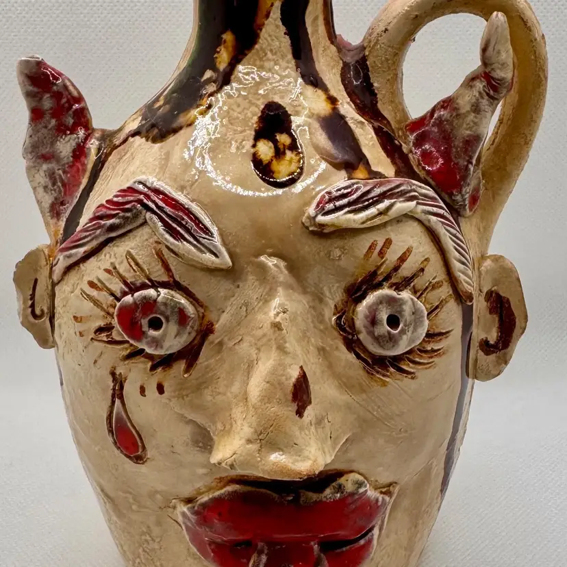 Vintage Face Jug Candle Holder Vase, Handmade Pottery, Artist Signed Po.Ol.P.I, Made In Salem, AL