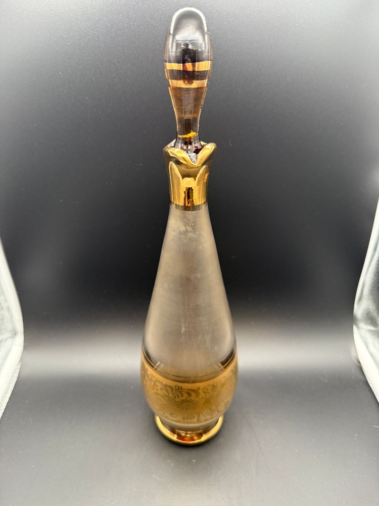 Vintage Bohemian Amber Decanter with Gold-tone Accents