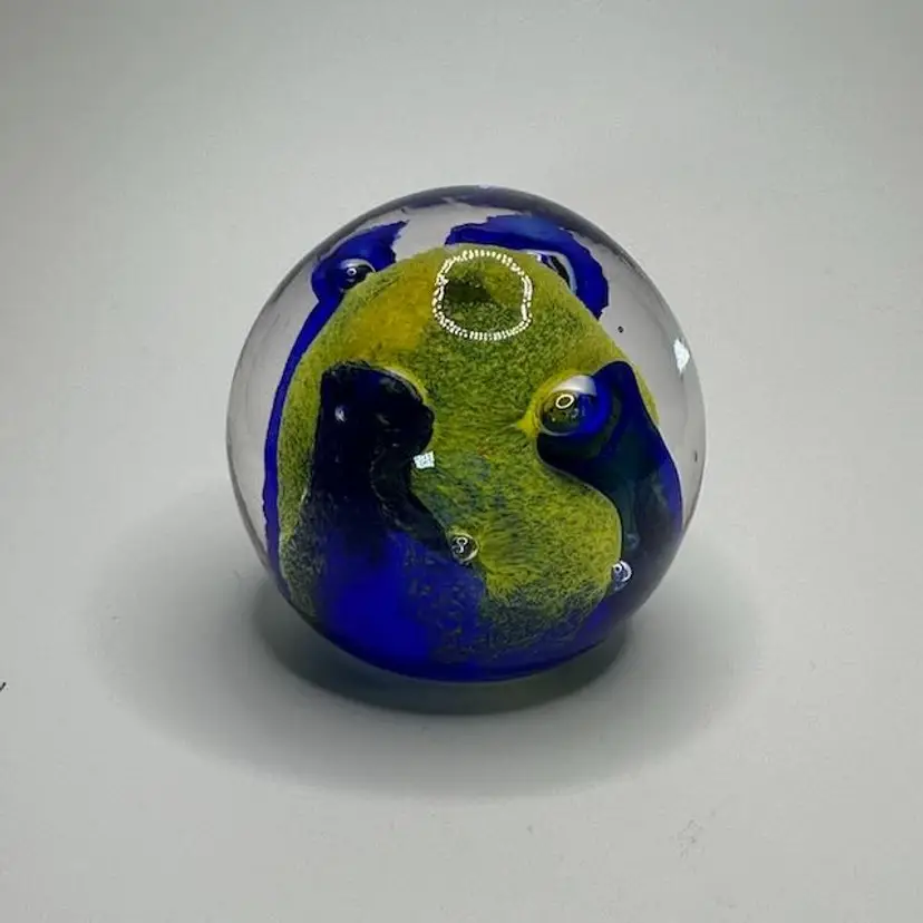 Paperweight Handblown Vintage Blue, Yellow, Clear