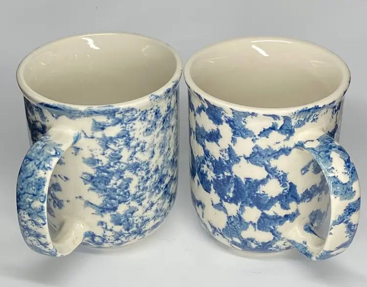 Two Vintage Tienshan Blue Spongeware Ceramic Mugs