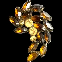 #0010 Topaz & Amber Colored Brown Orange Rhinestone Floral Spray Vintage Brooch Pin Jewelry