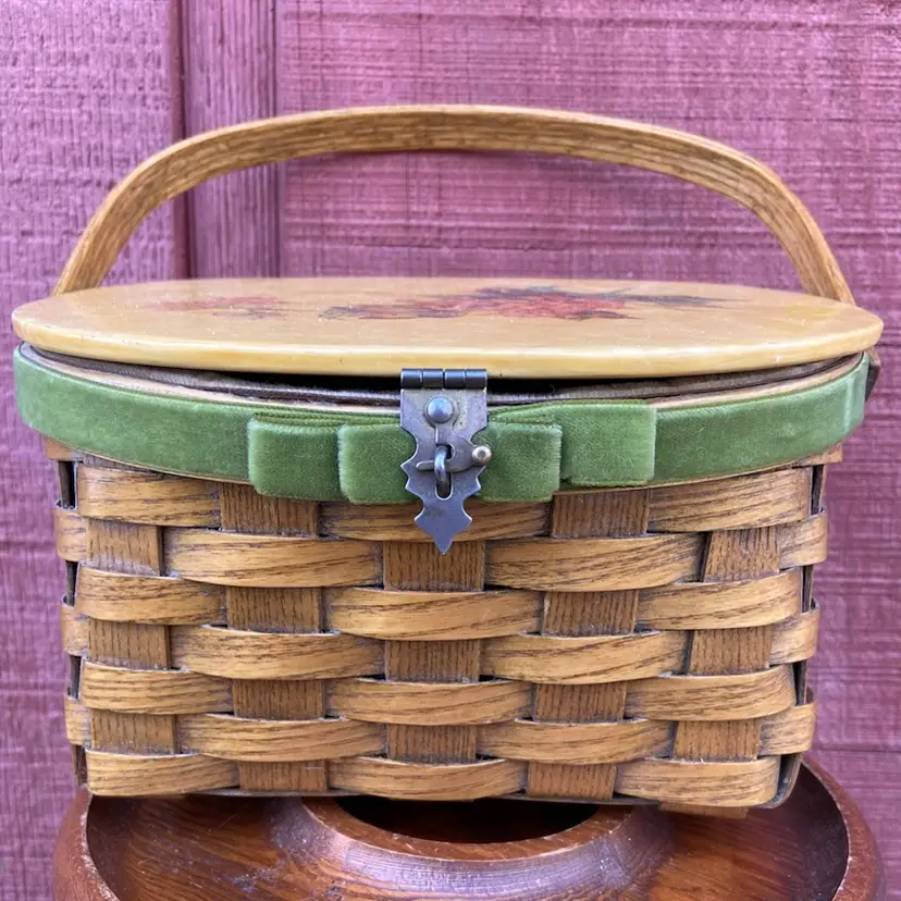 Vintage Basket Purse. Decorated With Butterflies, Hydrangeas & Lillies. Wrapped With Green Velvet Ribbon. Lined With Purple, Green & Gold Material. Latch Lock.