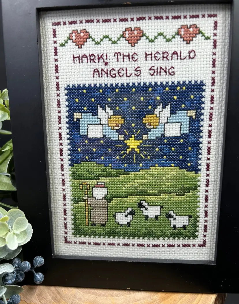 Handmade Framed Christmas Counted Cross Stitch Hark! The Herald Angels Sing