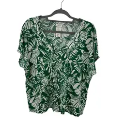 Joie Green and White Button Down Tropical Print Linen Cap Sleeve Blouse Size XL