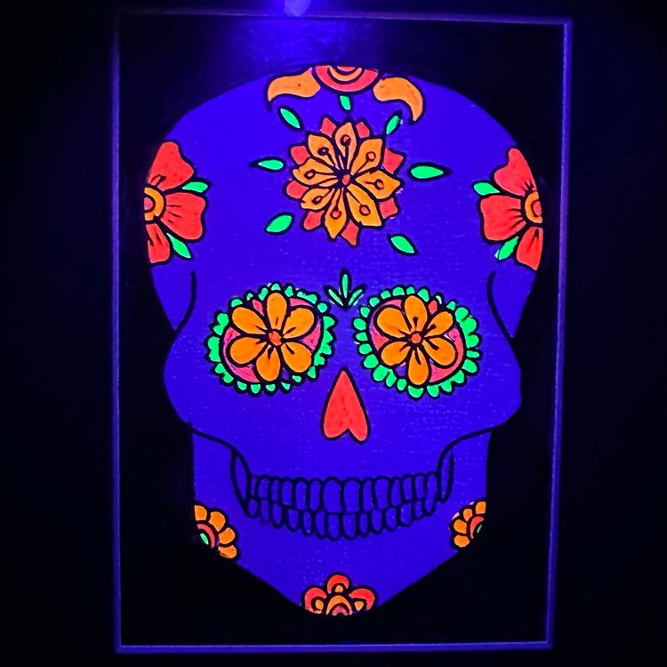 Sugar Skull Glow Acrylic Paint Gelli Print Matted Handmade 8x10”