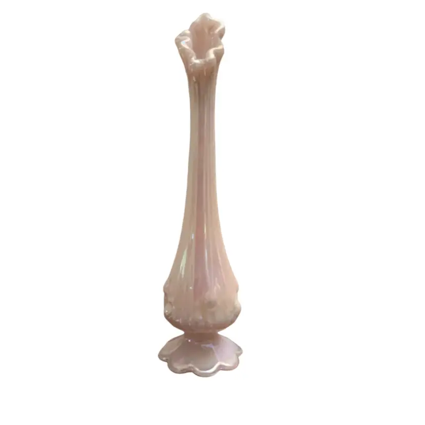 Vintage Fenton Pink Pearl Opalescent Stretch Swung Bud Vase 10”x 3”