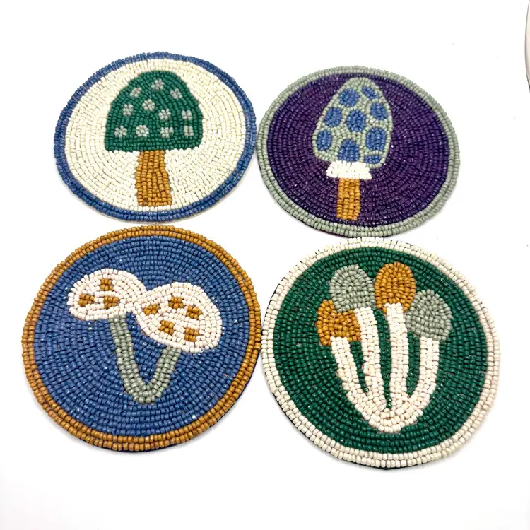 Set Of 4 Beaded Mushroom Colourful Coasters 4”